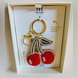 Haute Hippie Beaded Cherry Red & Green Keychain Bag Charm NIB